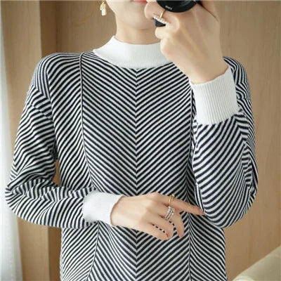 Women's autumn and winter 100% pure cotton knitted semi high neck pullover casual striped warm sweater fashionable hot selling