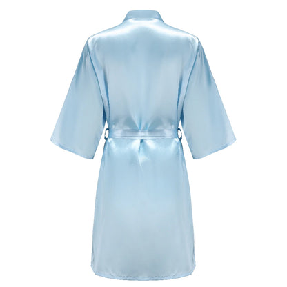 Light Blue Women's Satin Robe Short Kimono for Bride & Bridesmaid With White Letter, Wedding Party Robes