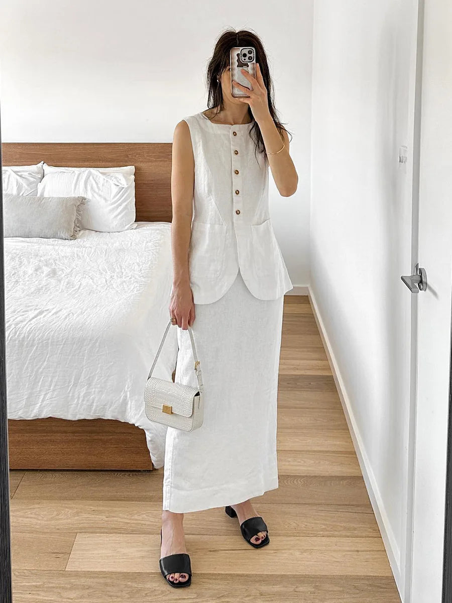 Bornladies Women's Sleeveless Vest High Waisted Skirt Set Spring Summer New Linen Casual Suit Fashion Office Lady Vest Set