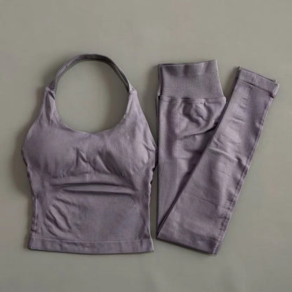 2 Piece Women Gym Set Seamless Halter Sports Top High Waist Leggings Tummy Control Squat Proof Yoga Fitness Activewear