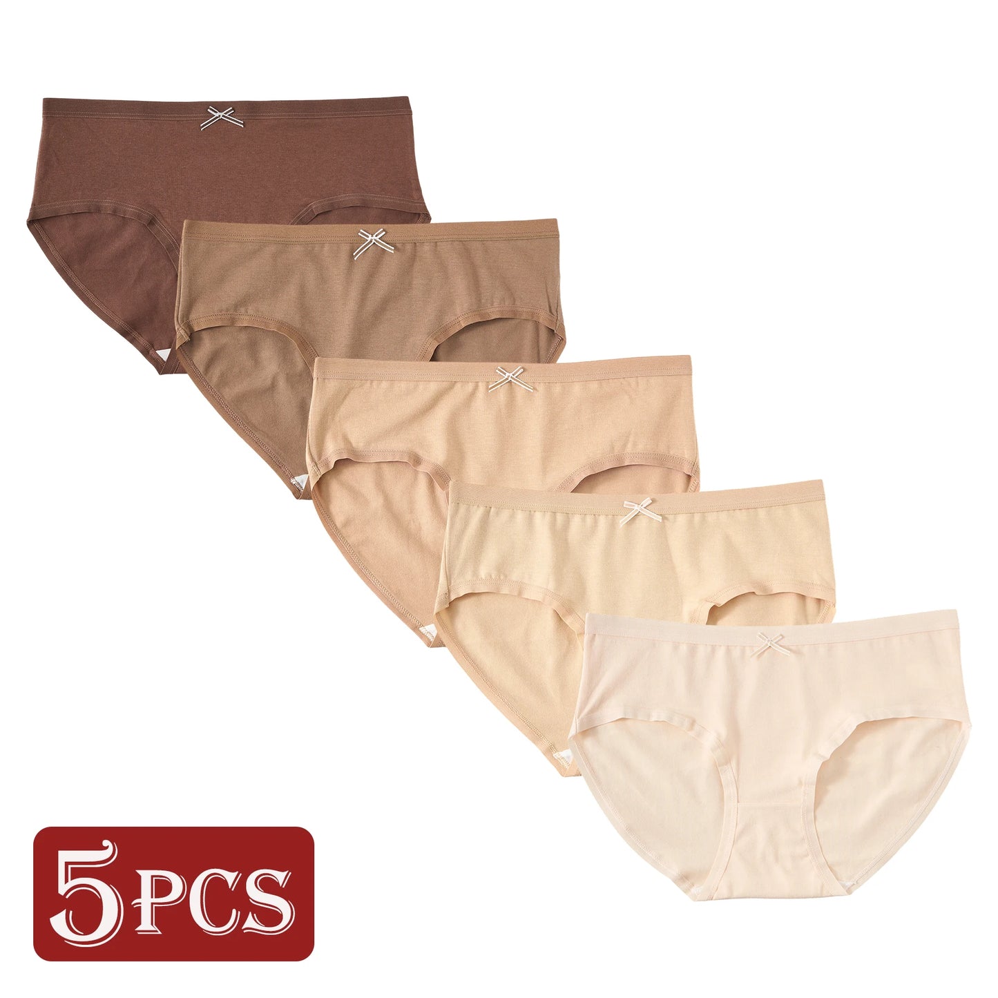 5PCS Maillard Color Pure Cotton Women's Underwear Solid Color Comfortable Panties Girls Low-Rise Briefs Casual Daily Wear