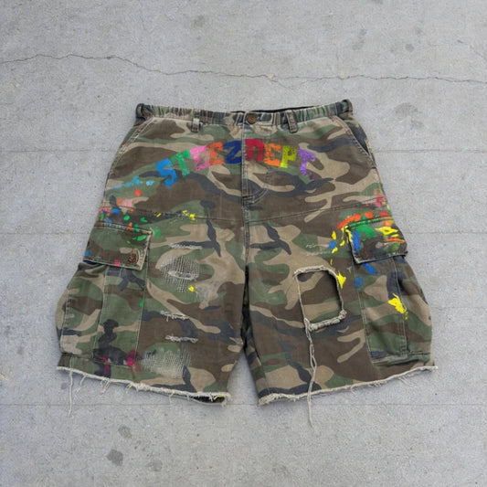 Y2K Cargo Shorts – Paint-Splatter Camo Streetwear Baggy Shorts (Unisex)