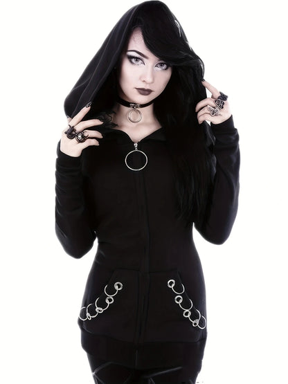 Gothic Punk Womens Full-Zip Hooded Sweatshirt - Allure-Enhancing Long Sleeves Timeless Solid Black, Fashion-Forward Design - Em