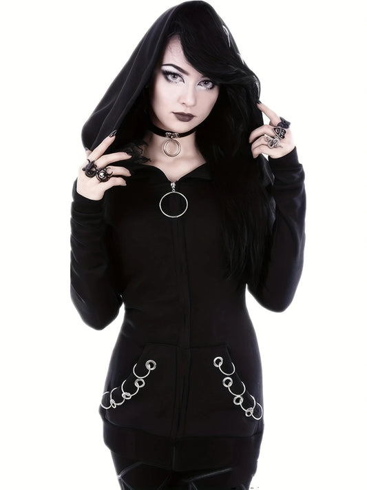 Gothic Punk Womens Full-Zip Hooded Sweatshirt - Allure-Enhancing Long Sleeves Timeless Solid Black, Fashion-Forward Design - Em