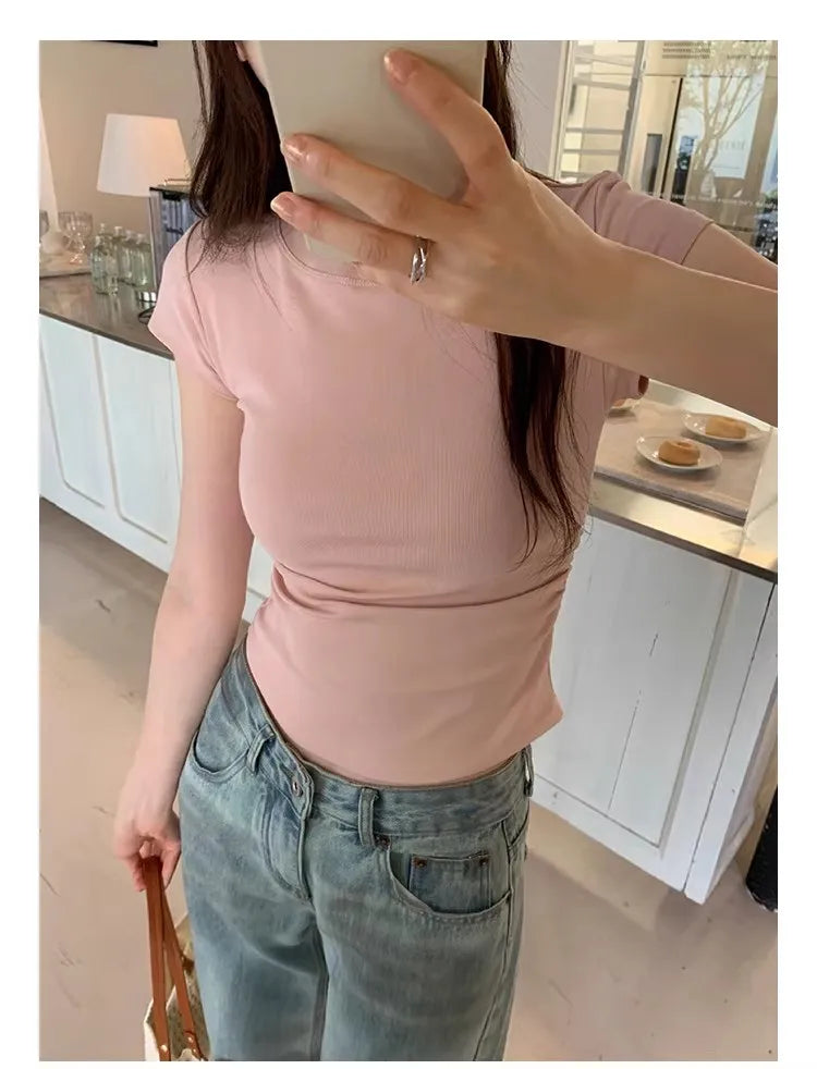 Women's Basic Solid Crop Top Short Sleeve Crewneck Skinny T-shirt Summer Casual Y2K Vintage Harajuku Streetwear