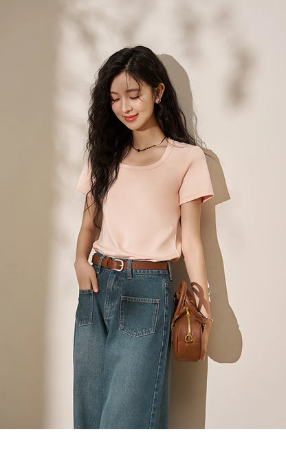 Women's Square-Neck T-Shirt – Elegant Cotton Short-Sleeve Top