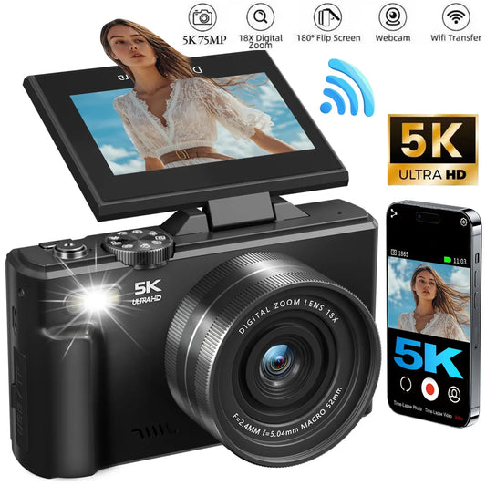 75MP Digital Camera - 18X Digital Zoom, 3" Flip Screen & 5K Video Recorder