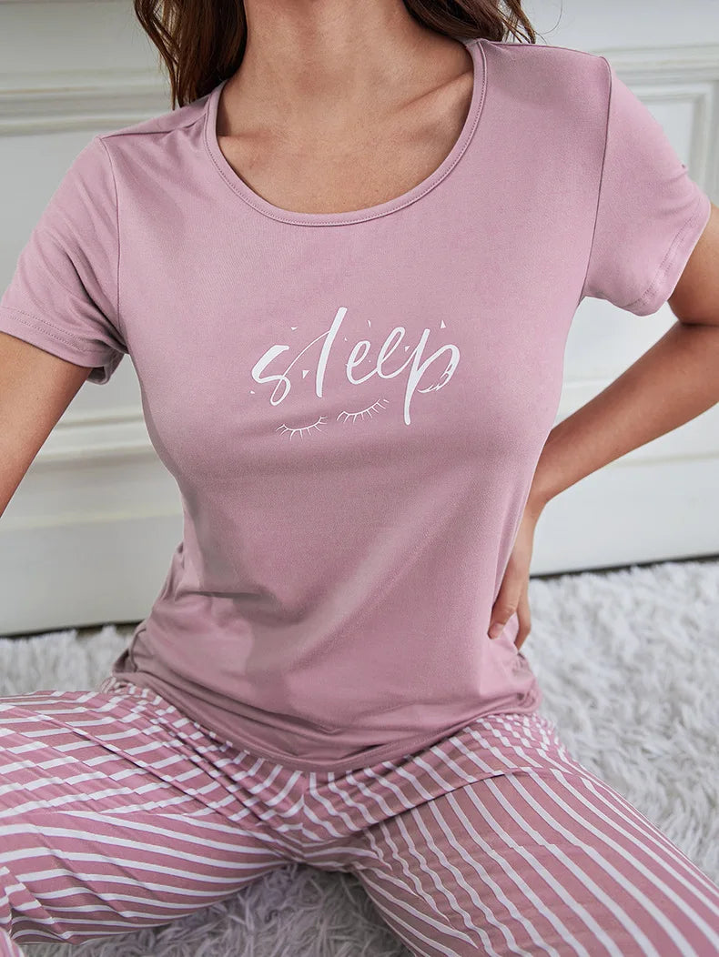 2Pcs Women Plus Size Pajamas Short-Sleeved White Striped Drawstring Trousers Student Homewear Suit Letter Print T-Shirt Ladies