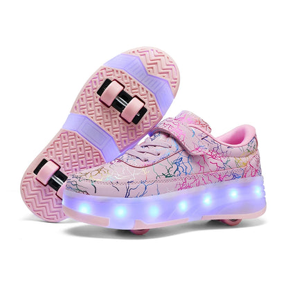 Girls Roller Skate Shoes - Pink Lighted Skates With Hook And Loop Closure