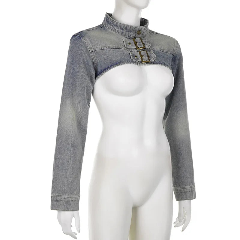 Women Fashion Denim Jacket Y2K Aesthetic Vintage Sexy Crop Tops Coat Japanese Harajuku Streetwear Female Spring Summer Outerwear