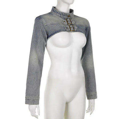 Women Fashion Denim Jacket Y2K Aesthetic Vintage Sexy Crop Tops Coat Japanese Harajuku Streetwear Female Spring Summer Outerwear