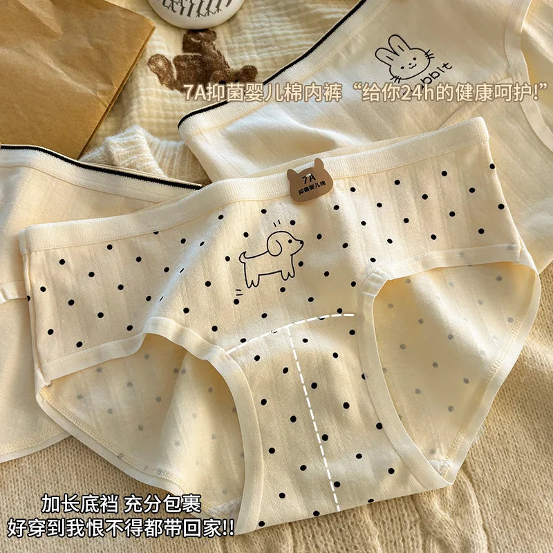 Women Underwear Pure Cotton Antibacterial Properties Underpants Cute Cartoon Waist Extended Crotch Women's Girl Triangle Pants