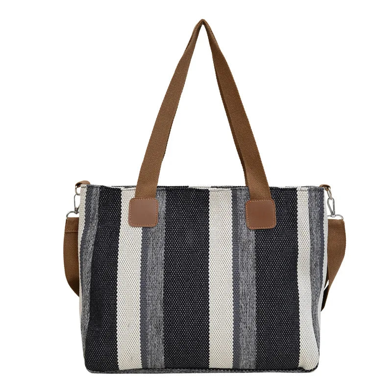 Striped Canvas Tote - Women's Crossbody Shoulder Bag With Zipper Closure, Versatile Daily Use