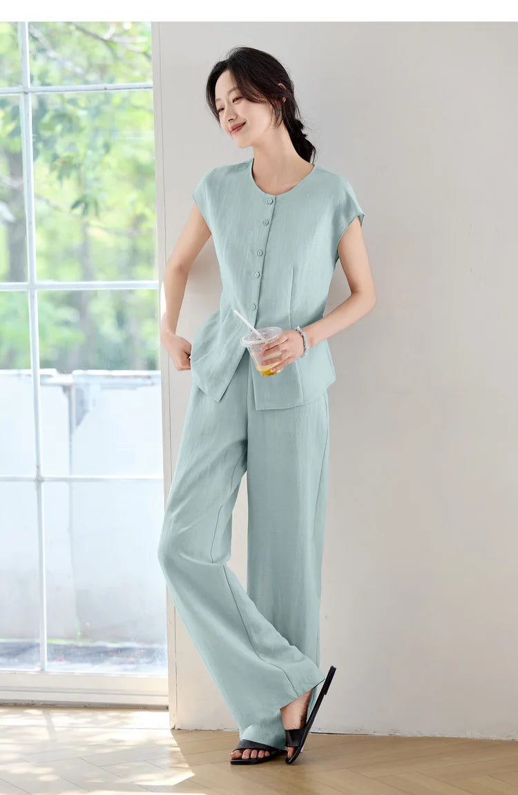 SENTUBILA Women's Linen Trouser Suit Summer Two Pieces Matching Set Women Button Shirt Straight Pant Sets 2026 Outfits 152ZA0094