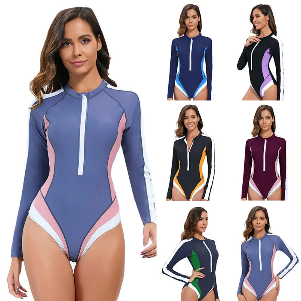 Women Long Sleeve Bathing Suit Wetsuit One-Piece Swimsuit Half-Zip Design Slim Fit Beach Surfing Swimwear Multiple Colors