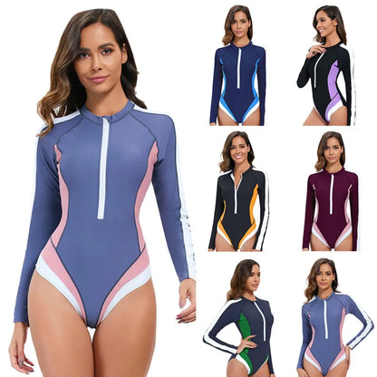Women Long Sleeve Bathing Suit Wetsuit One-Piece Swimsuit Half-Zip Design Slim Fit Beach Surfing Swimwear Multiple Colors