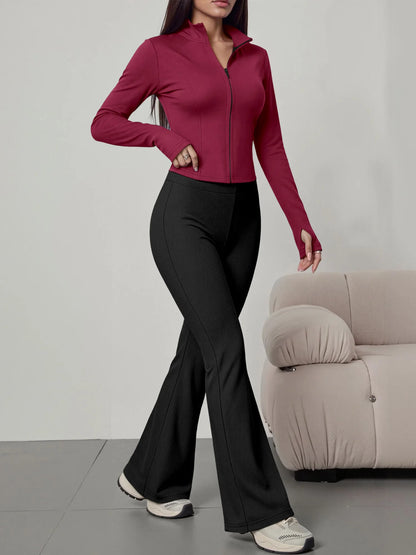 European American Women Ribbed Knit Two Piece Set, Long Sleeve Zip Top With High Waist Flare Pants, Casual Slim Daily Outfit