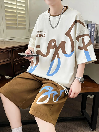 2025 Summer Men's Set, Korean fashion two-piece sportswear for men, trendy men's clothing, jogging set, T-shirt + shorts set, po