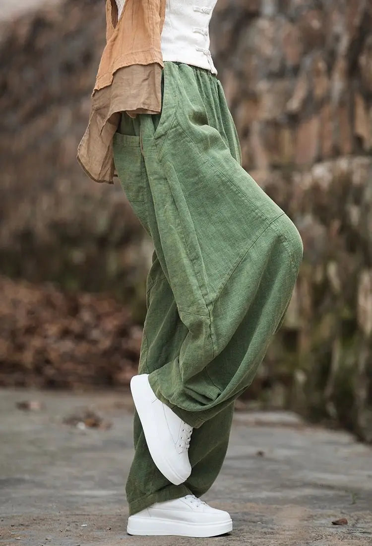 Elegant Women's Cotton Linen Baggy Cargo y2k Pants Vintage Elastic Waist Trousers Loose Casual Long Wide Leg Oversize Clothes