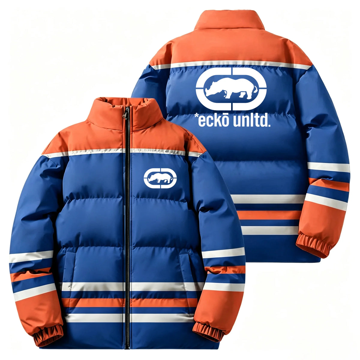 Winter Men Thick Padded Down Jacket Ecko Unltd Rhino Print Stand‑collar Zip Coat Hip‑hop Street Style Loose Warm Outerwear For D