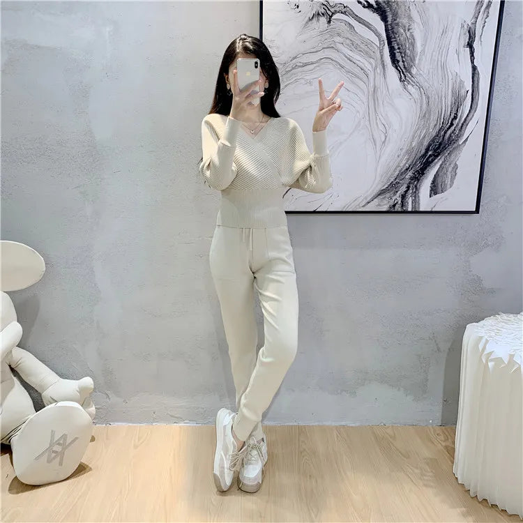 Elegant Tracksuit Sexy Two Piece Set Women Korean Style Ribbed Knitted Backless Top And Long Harem Pant Suit Autumn Outfits y2k
