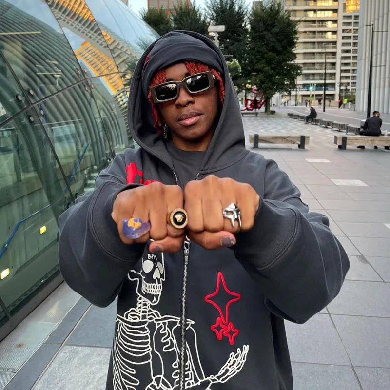 Y2K Rhinestone Cobweb Zip Up Oversized Sweatshirt 2022 Autumn Goth Hoodie Men Women Grunge Hooded Jacket Streetwear Y2K Clothing