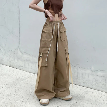 High Quality 2025 Cotton High Street Cargo Pants for Women Men with Ribbon High Waist Wide Leg Hip-hop Cool Dances Pants Ladies