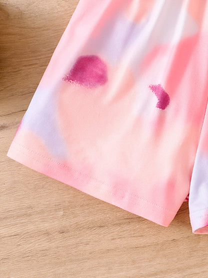 2025 New fashion girls' summer breathable and cool knitted top, solid color strappy printed shorts 3-piece set