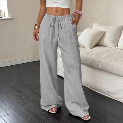 Women's Wide-Leg Cotton-Linen Blend Casual Floor-Length Pants Relaxed-Fit Drawstring Trousers for Home & Strolls