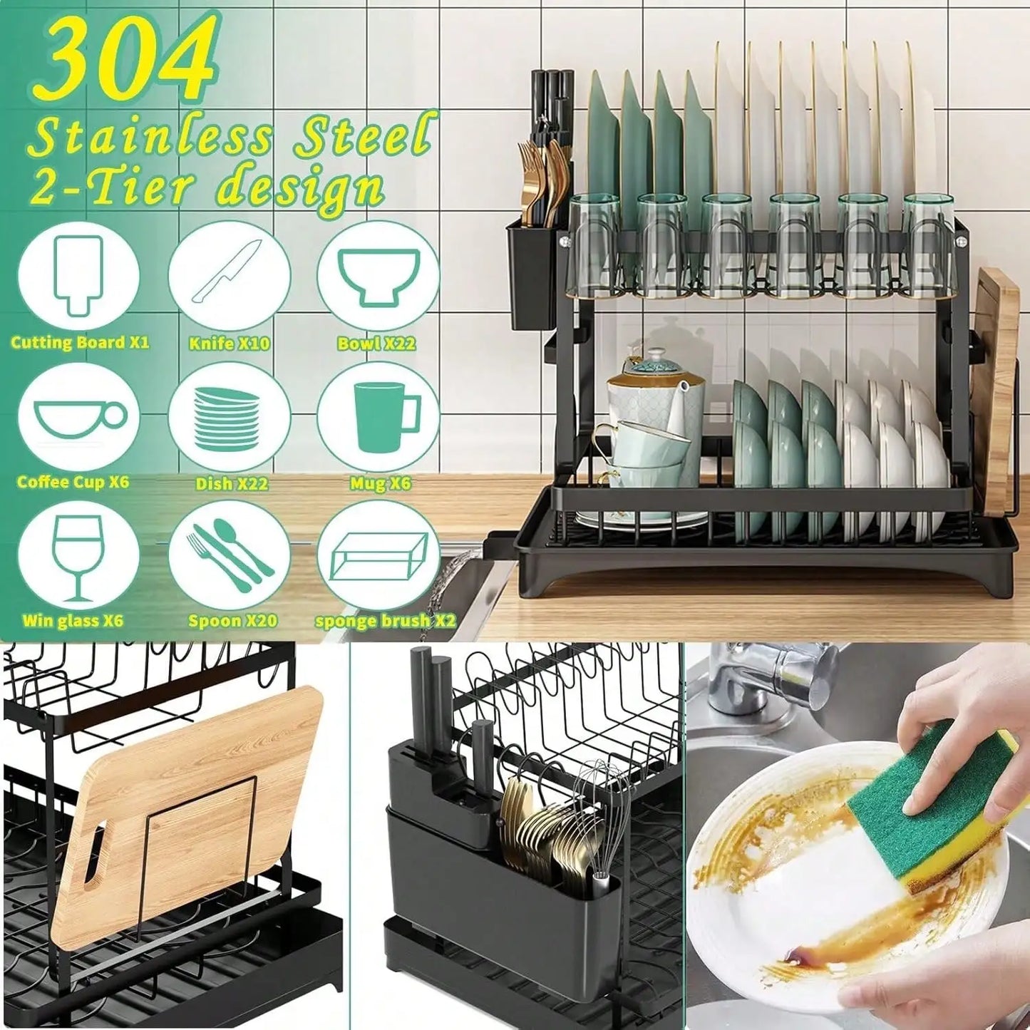 Stozle Double-Layer Dish Drying Rack For Kitchen Countertops, With Drainer Tray, Dish Drying Rack, Kitchen Organization And Stor