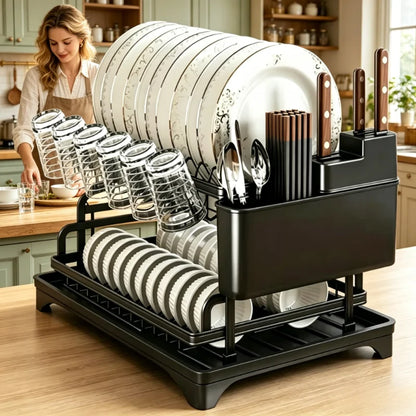 2-Tier Black Full Set Dish Drying Rack, 360° Rotating Drainboard with Utensil Holder, No-Drill Kitchen Organizer Gift