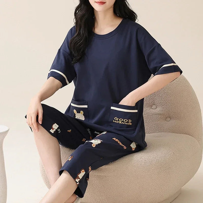 Summer Capris Pajamas for Women Plus Size 5XL Woman Causal Pajama Sets Cartoon Lapel Pijamas Cute Girl Soft Cotton Sleepwear