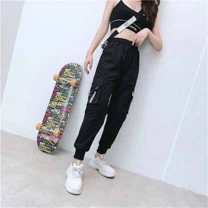 Black Cargo Pants Women Casual Joggers High Waist Loose Female Hip Hop Trousers Korean Punk Pants Funny Capri Streetwear Femme
