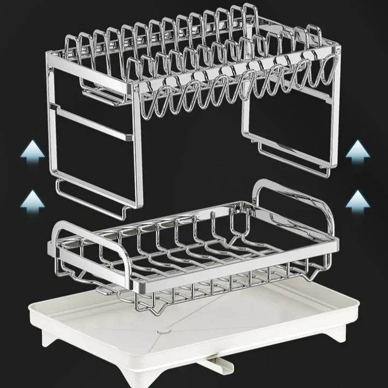 Stainless Steel 2 Tier Dish Rack Adjustable Countertop Organizer Bowl Drainer Multifunctional Kitchen Utensil Storage Holder Hom