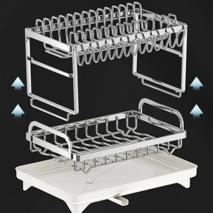Stainless Steel 2 Tier Dish Rack Adjustable Countertop Organizer Bowl Drainer Multifunctional Kitchen Utensil Storage Holder Hom