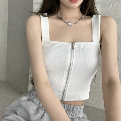 2025 Y2K Top Women Zipper Fly Camisoles Knitted Sexy Summer Tank Tops Sleeveless Female Solid Crop Top