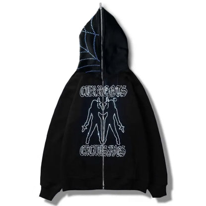 Y2K Rhinestone Cobweb Zip Up Oversized Sweatshirt 2022 Autumn Goth Hoodie Men Women Grunge Hooded Jacket Streetwear Y2K Clothing