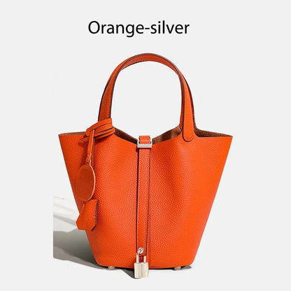 Women Leather Bucket Bag - Genuine Leather Handbag | Large Tote Bag With Silver Hardware