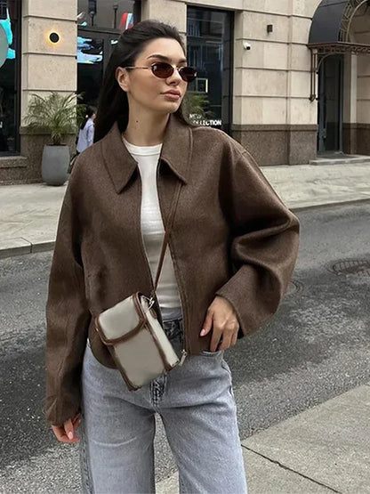 Brown Woolen Jacket - Women's Outerwear Zipper Coat With Elegant Lapel