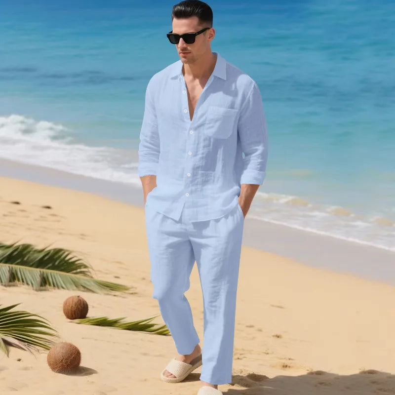 Men's Autumn Loose Trend Linen Solid Color Simple Lapel Long-Sleeved Shirt Beach Trousers Set