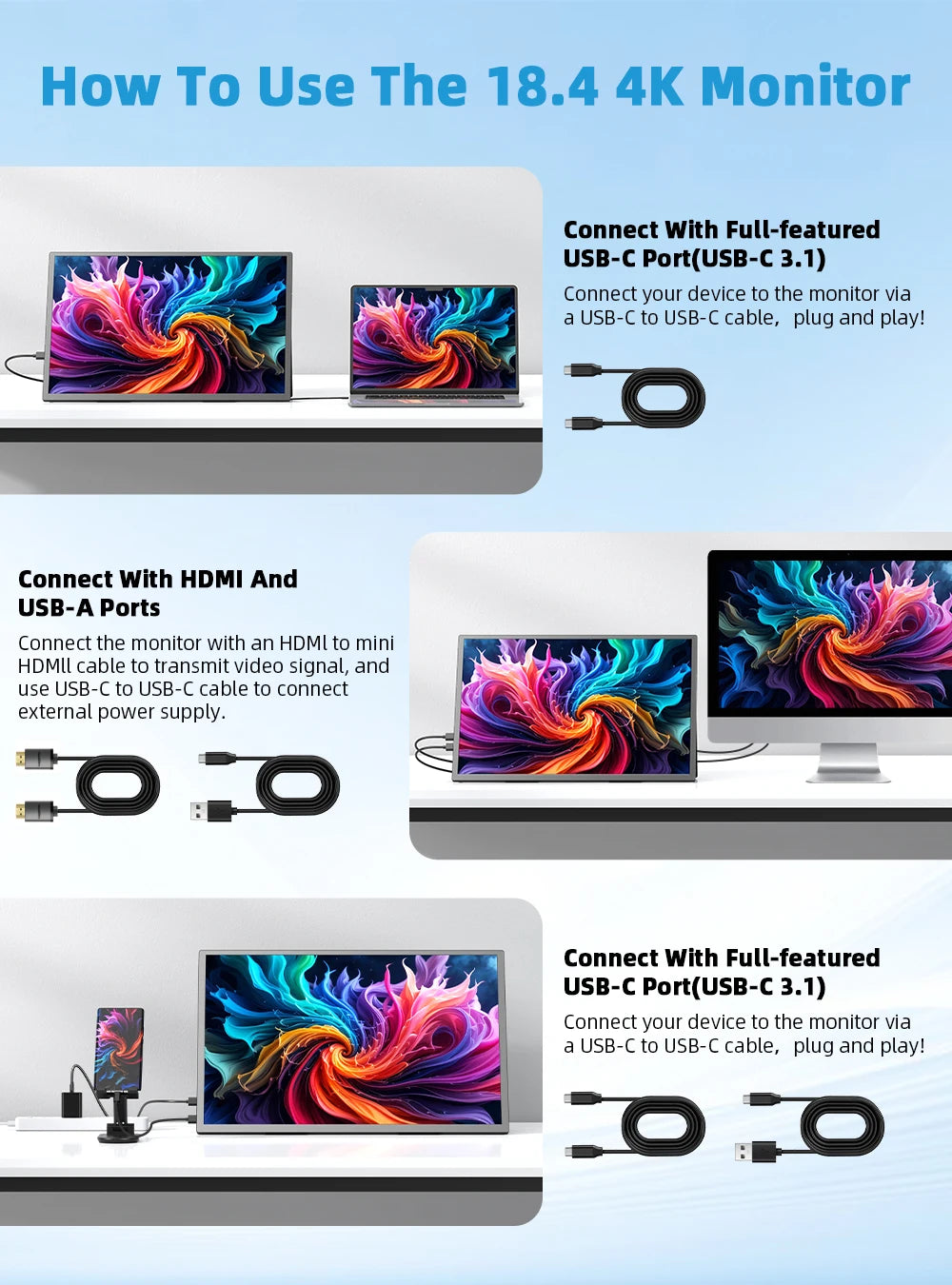 18.4 Inch Portable Monitor – 4K QLED Gaming Display With USB C, HDMI, Adjustable Stand