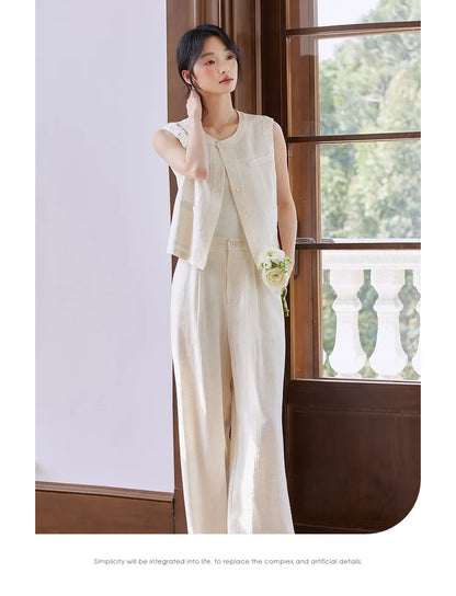 VIMLY Linen Blend Pant Set Two Piece Old Money Style Woman Summer Outfits 2026 Sleeveless Vest Wide Legs Pants Lady Suit A0820