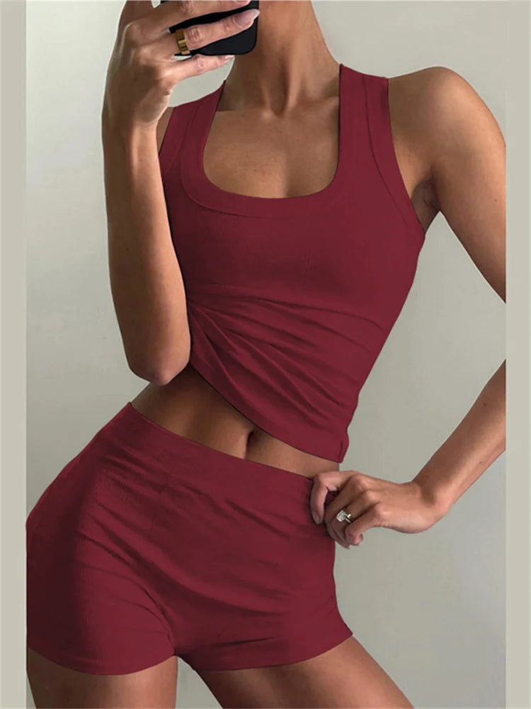 Nibber Ribbed Casual 2 Piece Set Women Tracksuit Sporty Square Collar Tank Tops+Shorts Suit Streetwear Simple Matching Outfits