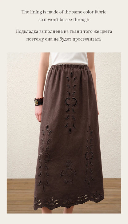FSLE【Premium Series】Summer Women Linen Two Piece Set Cut-Out Embroidered Sleeveless Top Midi Skirt Boho Beach Vacation Style