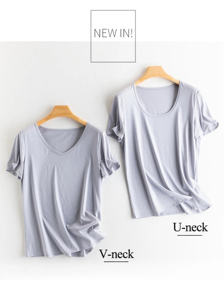 Women's V-Neck T-Shirt – Silk-Linen-Cotton Solid Summer Tee