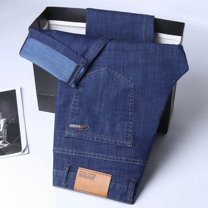 Mens Lightweight Blue Denim Jeans - Stretch Cotton Straight Pants for SpringSummer Casual Wear - ZOOMNSTORE