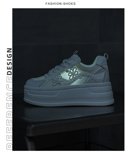 Womens White Mesh Platform Sneakers Breathable Thick Sole Casual Shoes With Flower Embroidery Lightweight Non Slip For Summer Da