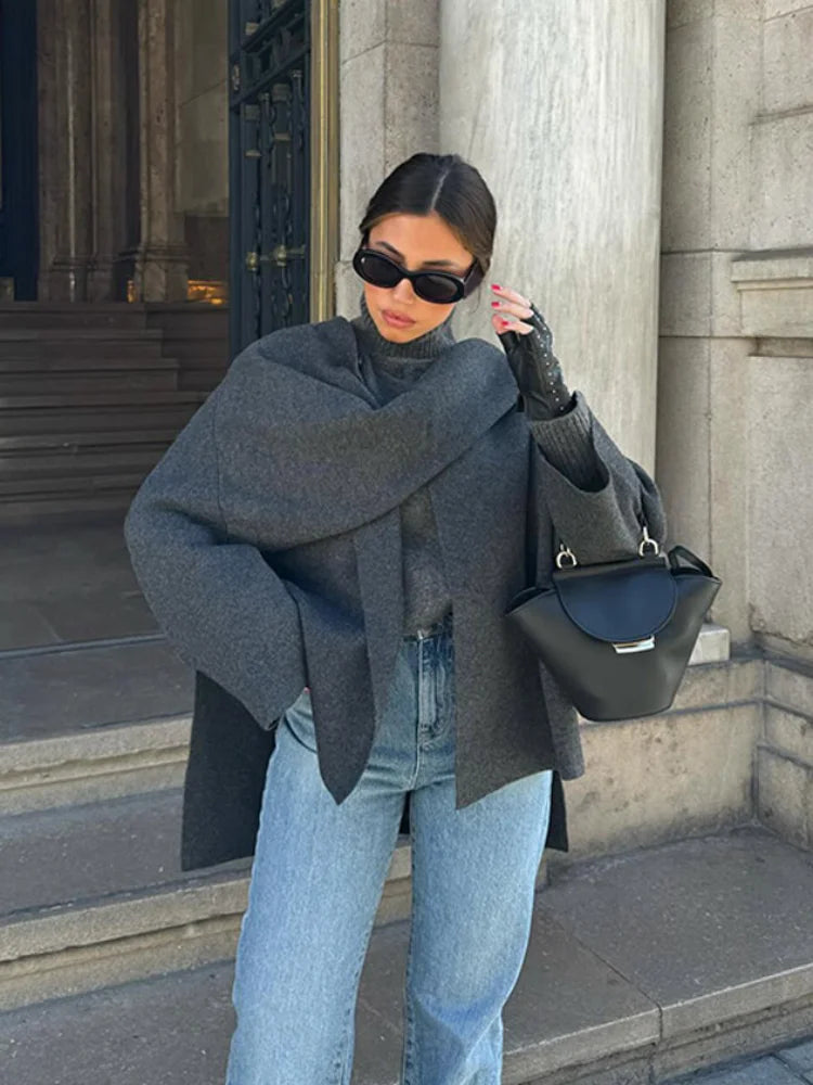 Knitted Coat Women – Warm Autumn Coat Female With Scarf Collar & Button Closure