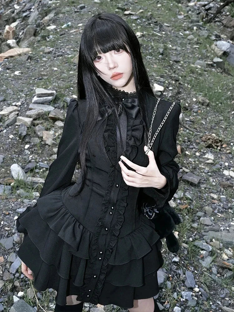 Y2K Lolita Dress - Gothic Mini Patchwork Lace Vintage Black Ruffle Slim Fit