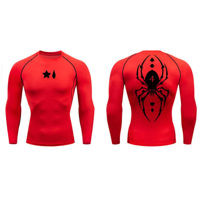 Compression Shirt Men - Spider Print Long Sleeve Gym Tee with Muscle Support